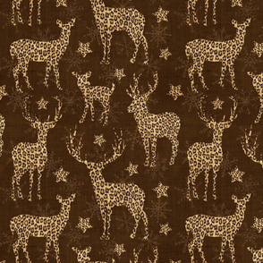 Leopard Reindeer with Snowflakes on Chocolate Linen - medium scale