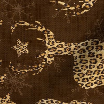 Leopard Reindeer with Snowflakes on Chocolate Linen rotated - large scale