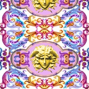 medusa gold yellow floral filigree leaves leaf baroque Victorian blue orange orange purple magenta rococo flourish swirls ornate acanthus gorgons Greek Greece mythology colorful   inspired 