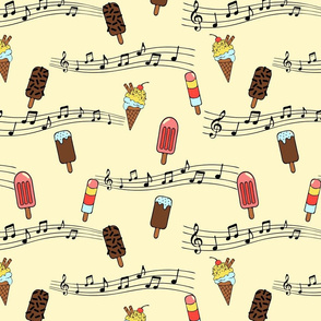 Seamless vector pattern with ice cream and music notes on light pink background. Cute sweet food wallpaper design for kids.