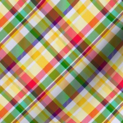Madras Plaid in Yellow Red and Green 45 degree angle