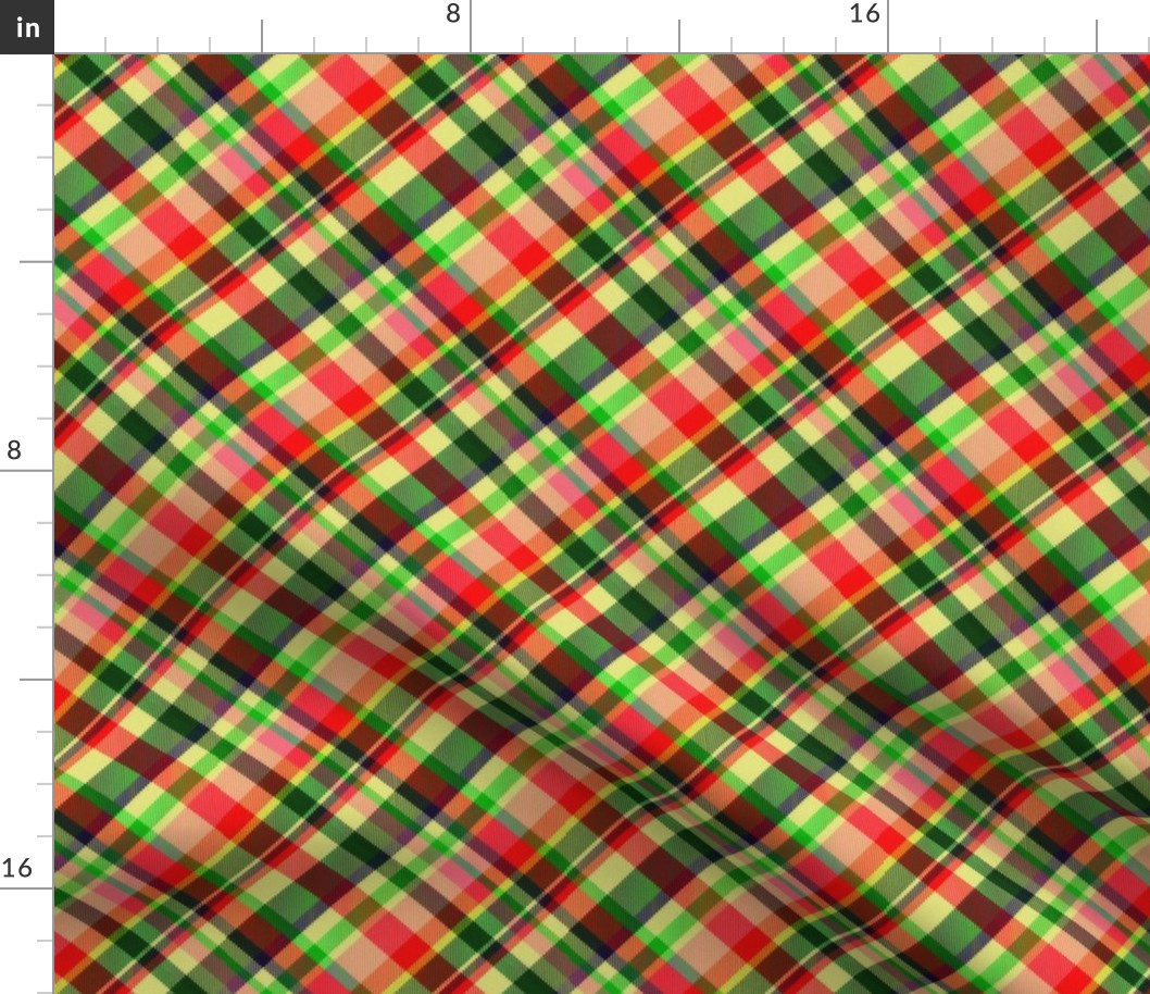 Madras Plaid in Christmas Red and Green 45 degree angle
