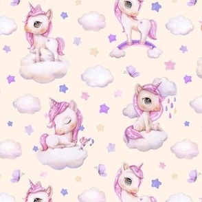 Cute Unicorn on a Cloud  Exclusive Watercolor Illustration