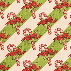 Vintage Candy Canes on Green Striped Linen - large scale