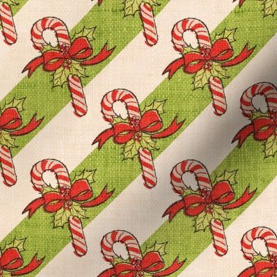 Vintage Candy Canes on Green Striped Linen - medium scale