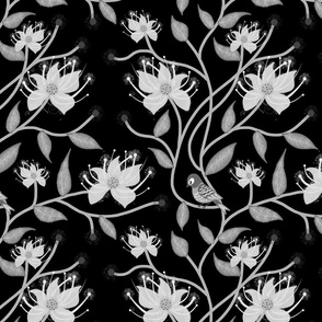 Twirling Floral Vines - greyscale on black, medium 