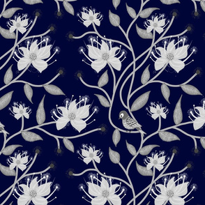 Twirling Floral Vines - greyscale on midnight ink blue, medium 