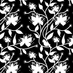 Twirling Floral Vines - White on black, medium 