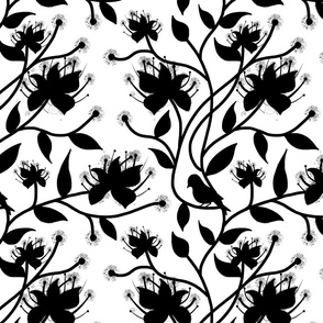 Twirling Floral Vines - black on white, medium 