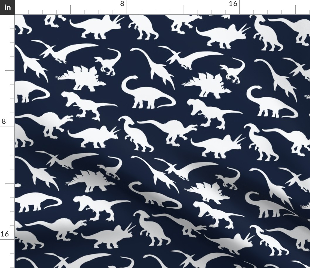 White Dinosaurs over dark blue