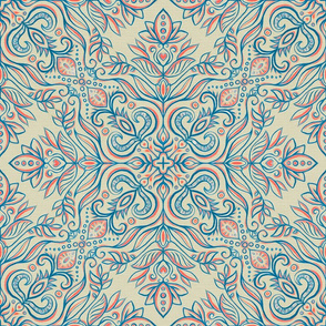 Coral Red, Blue and Ecru Textured Folk Art Doodle
