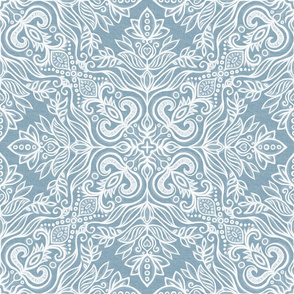 Blue Grey and White Textured Folk Art Doodle