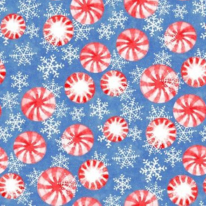 Christmas Candy Peppermint Blizzard - classic red and white on textured cornflower blue