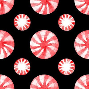 Classic Red and White Peppermint Candies in Watercolor - on black 