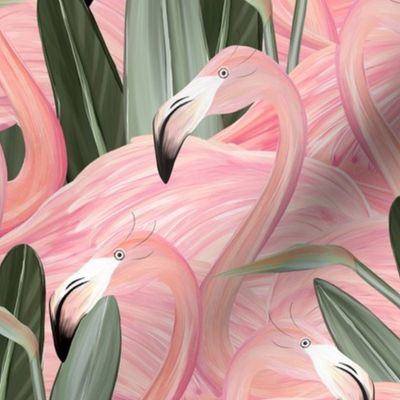 Elegant Pink Flamingos and Birds of Paradise