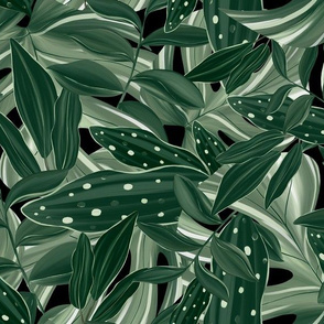 Botanical Oasis. Green tropical leaves on black