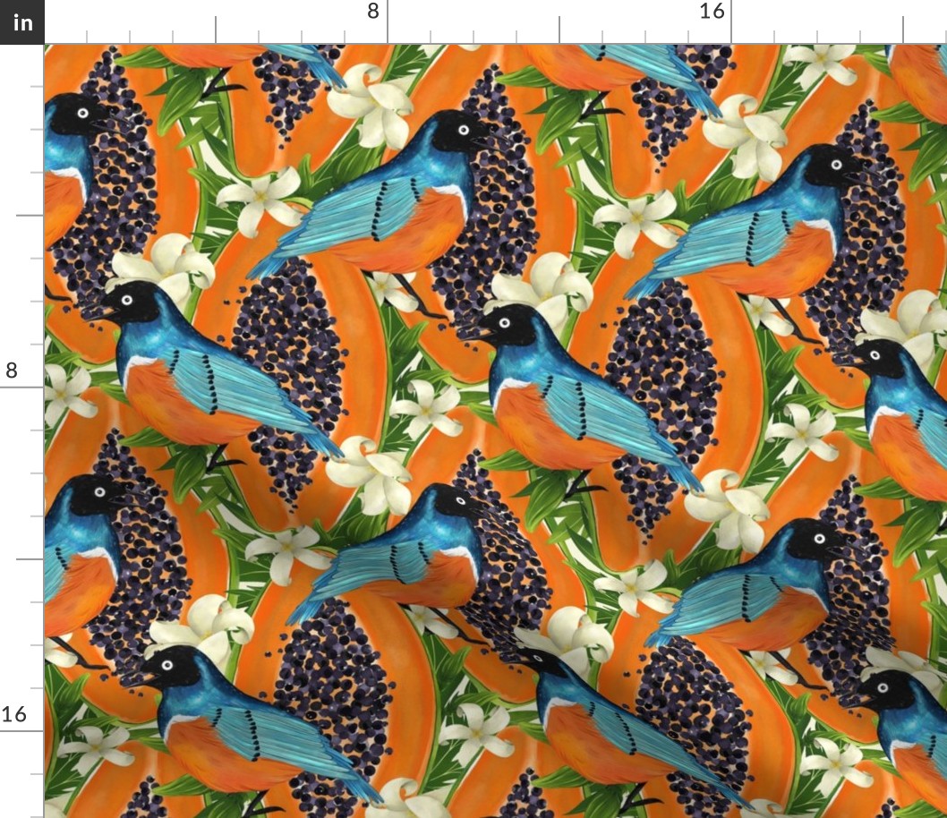 Papaya garden and blue birds. Vibrant orange