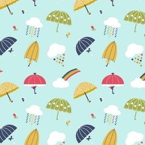 Umbrellas, clouds, rain and rainbows on a blue background - baby girl and baby boy nursery design.
