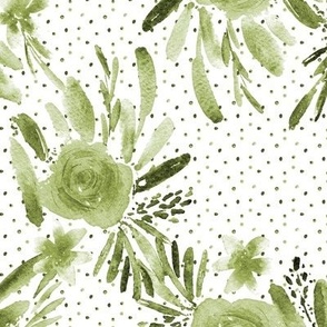 Olive green flourish watercolor pattern - flowers and roses - florals painterly p329