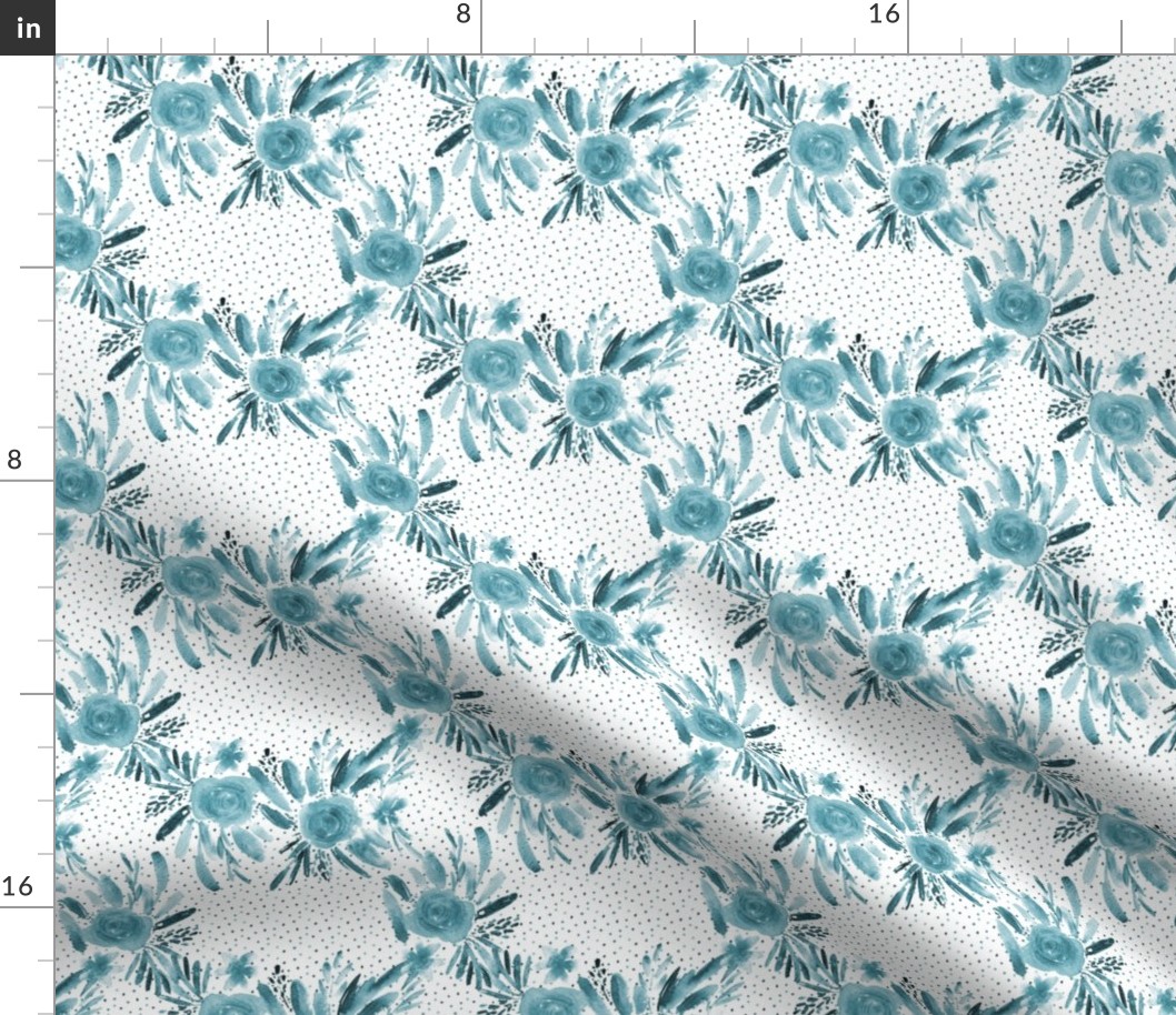 Teal flourish watercolor pattern - flowers and roses - florals painterly 329