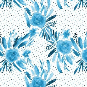 Azure blue flourish watercolor pattern - flowers and roses - florals painterly p329