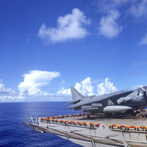 100-4  Marine Corps AV-8B Harriers assigned to the 11th Marine Expeditionary Unit (MEU), are staged aboard the amphibious assault ship USS Boxer.