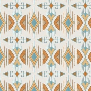 tribal diamonds and arrows turquoise blue, burnt orange, apricot and tan