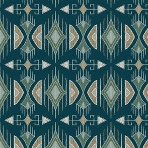 tribal arrows and diamonds, teal, olive green, sage, tan and beige