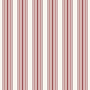 farmhouse ticking stripes, brick red on lighter cream, smaller 3 inch repeat