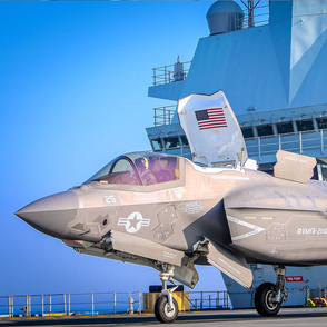 100-17  A Marine F-35B Lightning, shortly after landing onboard the Royal British Navy aircraft carrier HMS Queen Elizabeth.