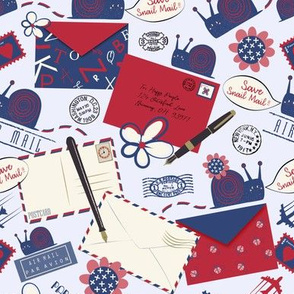Snail mail / envelopes / writing / post office / red / light blue 