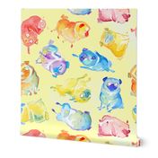 Rainbow Watercolor Pugs - textured yellow