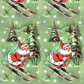 merry Christmas xmas snow trees Santa Claus ski skiing whimsical mountains slopes light green red white winter vintage retro kitsch 