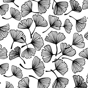 Black and white ginko leaves pattern. Floral Japanese outline botany sketch.  