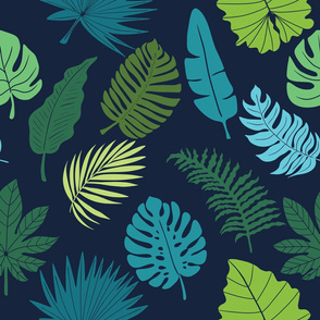 Tropical bright green and blue. Monstera and palm leaves. 