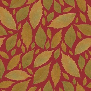 ochre leaves on wine red background big scale