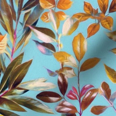 Colorful Garden Leaves on Turquoise Blue - Large