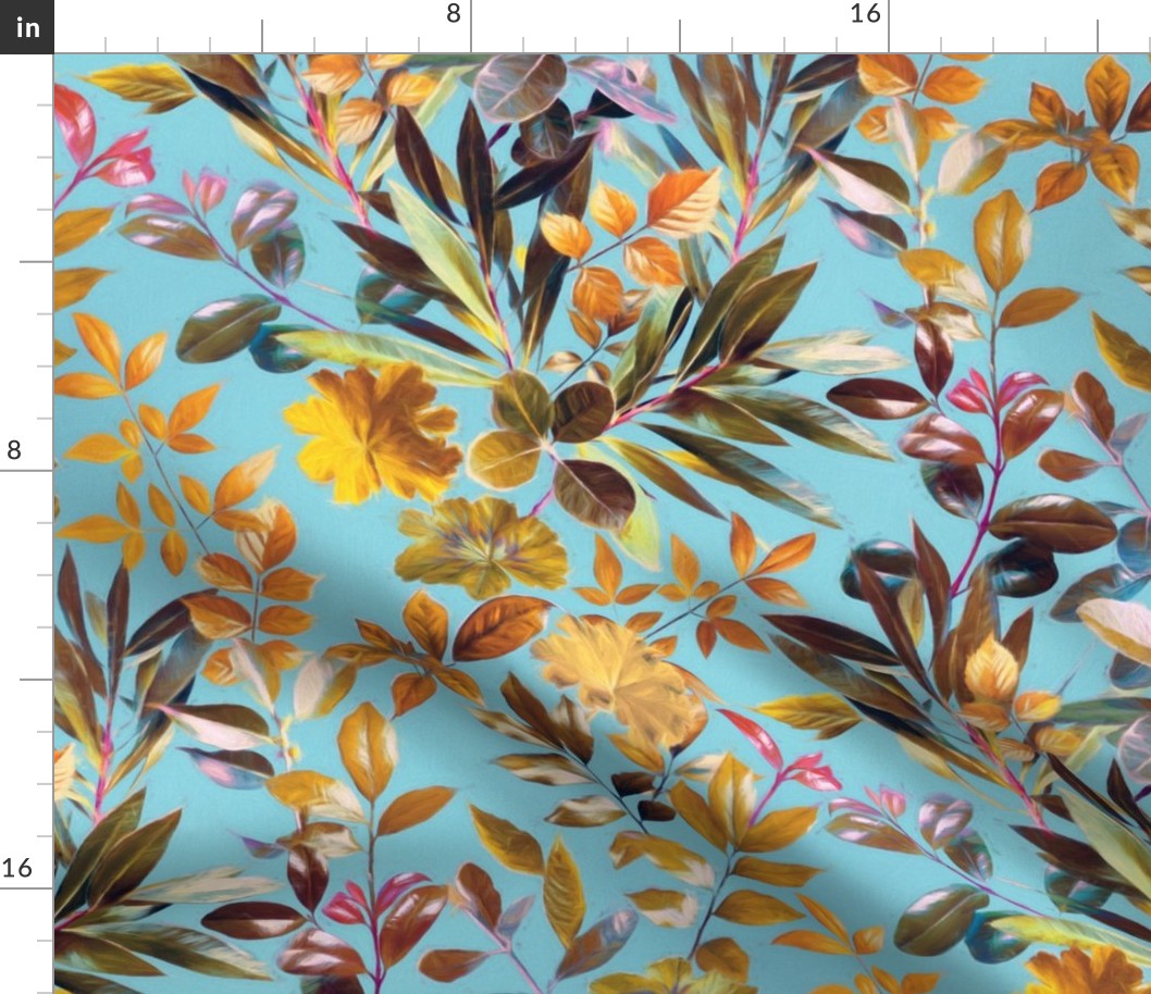 Colorful Garden Leaves on Turquoise Blue - Large