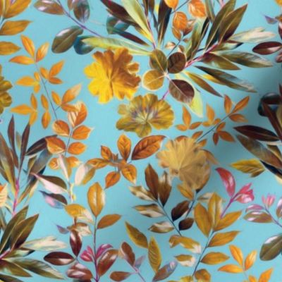 Colorful Garden Leaves on Turquoise Blue - Medium