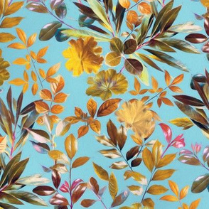 Colorful Garden Leaves on Turquoise Blue - Medium