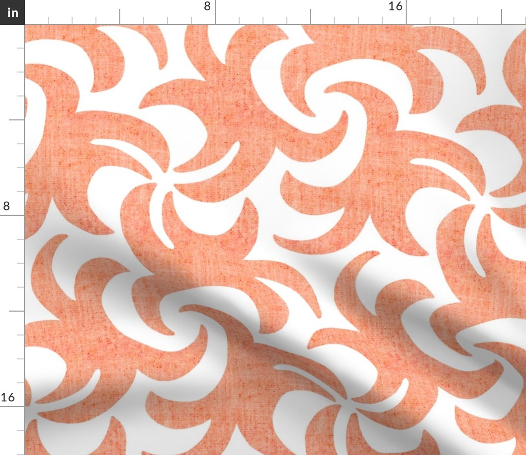 Coral on White Linen Texture Whirling Sprouts
