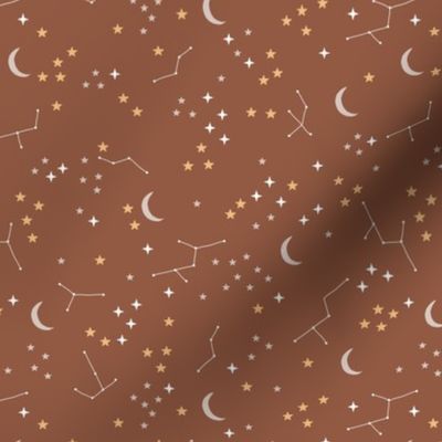 Hand drawn constellation stars and moon phase universe nursery boho design neutral rust copper brown