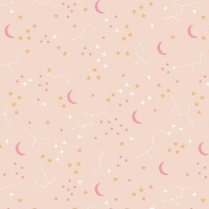 Hand drawn constellation stars and moon phase universe nursery boho design neutral blush pale pink beige