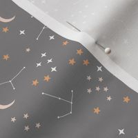 Hand drawn constellation stars and moon phase universe nursery boho design neutral gray caramel brown white