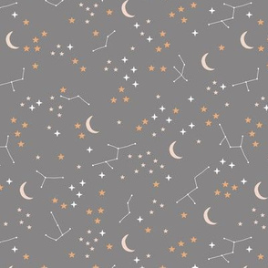 Hand drawn constellation stars and moon phase universe nursery boho design neutral gray caramel brown white
