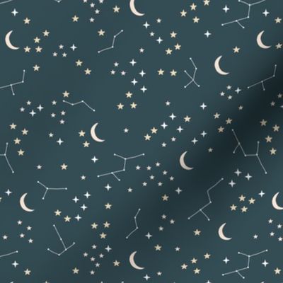 Hand drawn constellation stars and moon phase universe nursery boho design neutral stone blue gray beige