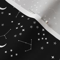 Hand drawn constellation stars and moon phase universe nursery boho design neutral black and white monochrome
