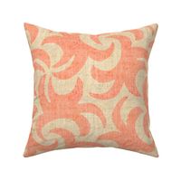 Coral on Beige Linen Texture Whirling Sprouts