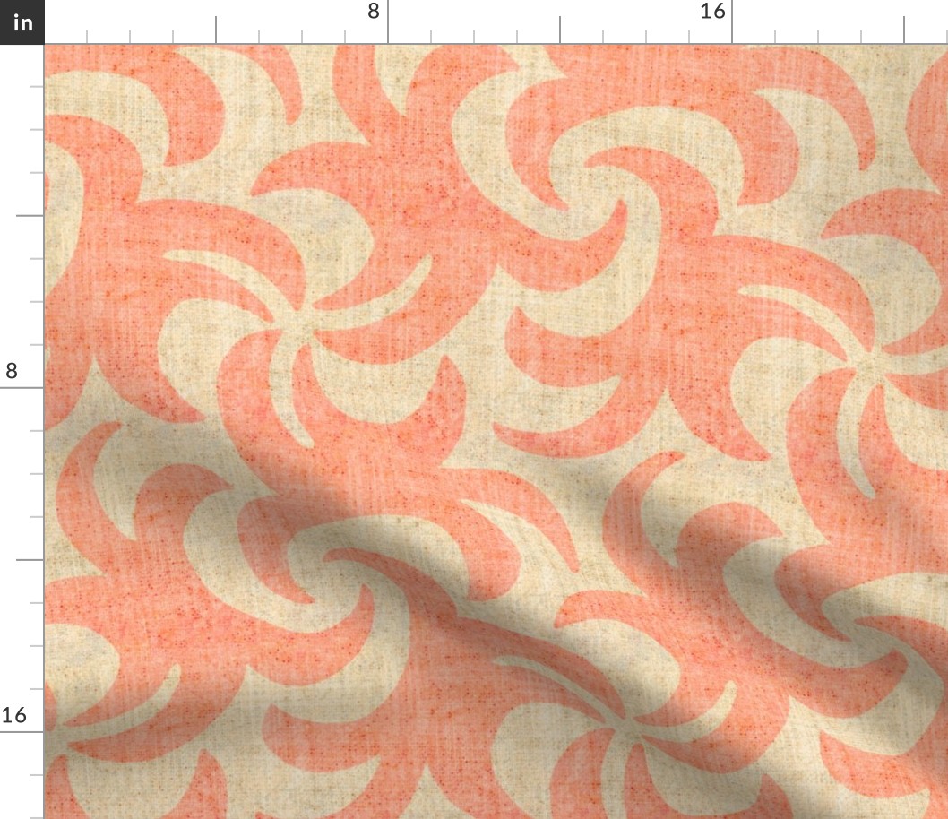 Coral on Beige Linen Texture Whirling Sprouts