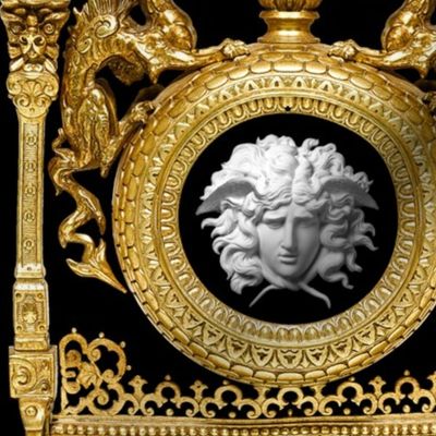 2 dragons gold chains white marble medusa baroque rococo black gold flowers floral filigree fire flames frames Asian Japanese china Chinese oriental chinoiserie gorgons Greek Greece mythology far east meets west fusion ornate   inspired  